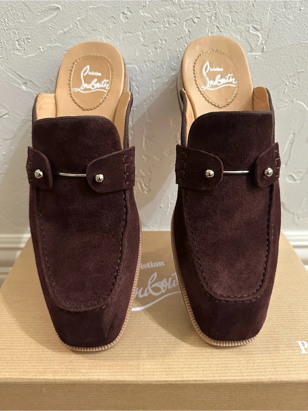 Christian Louboutin Men's Dark Brown Suede Slip-On Loafers with Silver Buckle
